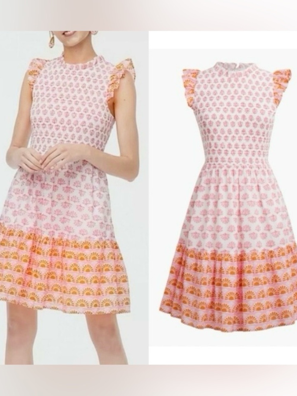 J. Crew | Pink Ruffle Sun And Shell Print sleeveless summer dress women’s size S